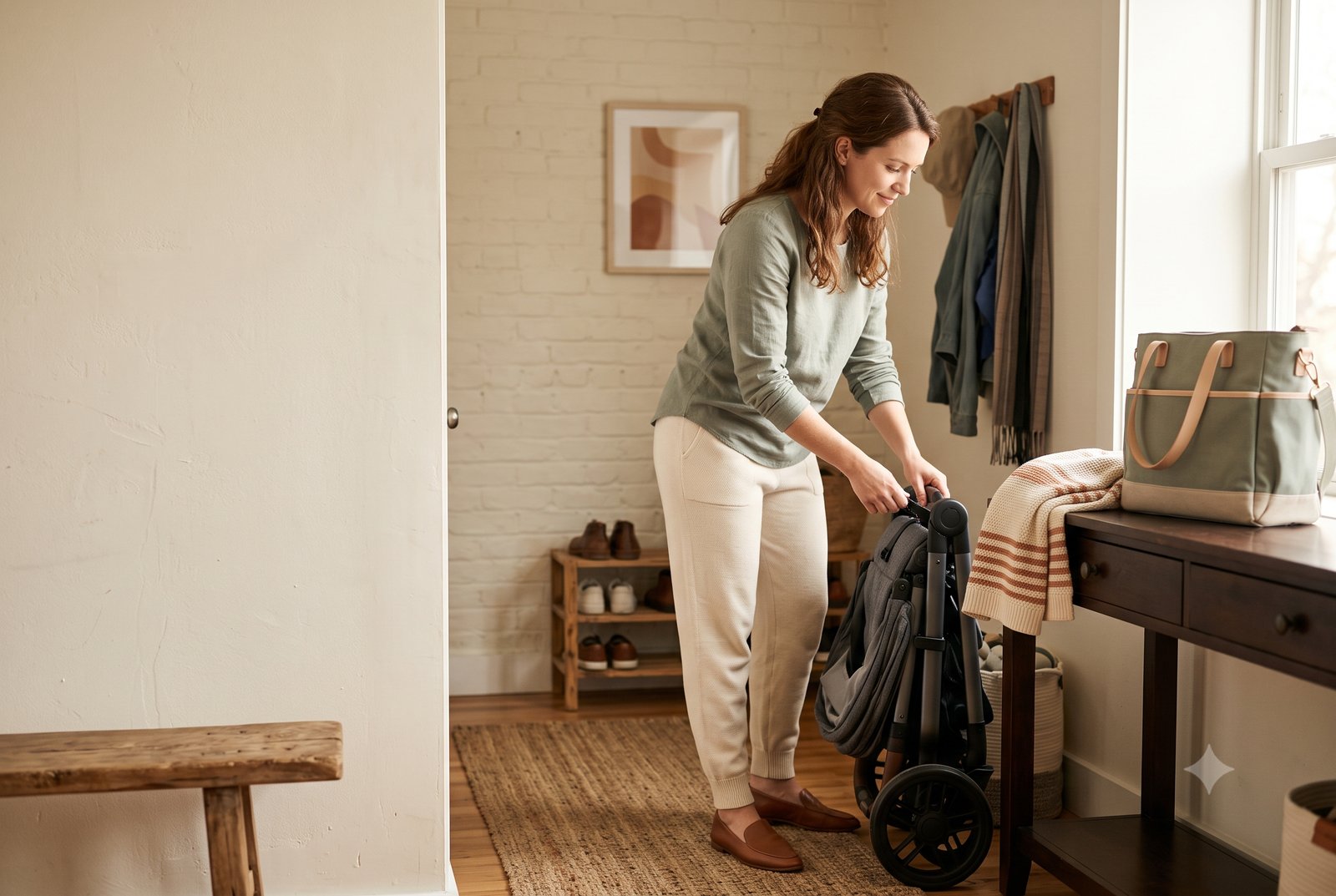 Mother packing a stroller by a sunlit entryway